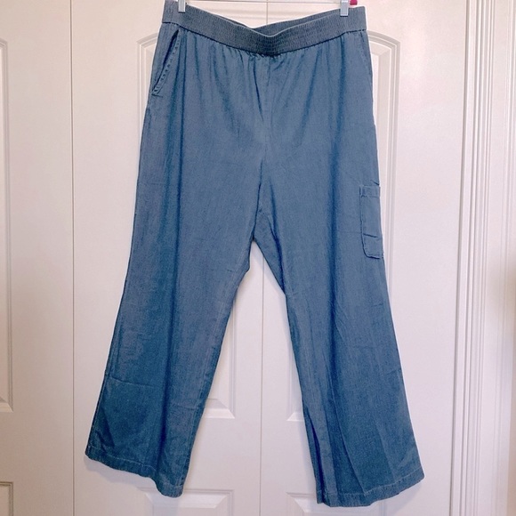 d&co. Wide Leg Cargo Pants Womens 1X Cotton chambray pull on Beach Flowey QVC - Picture 1 of 13